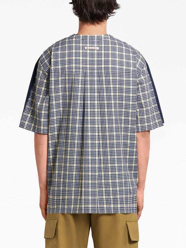 Blue Check-panel Cotton T-shirt