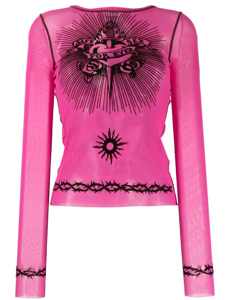Pink Graphic-print Sheer Top