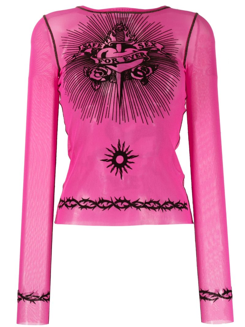 Pink Graphic-print Sheer Top
