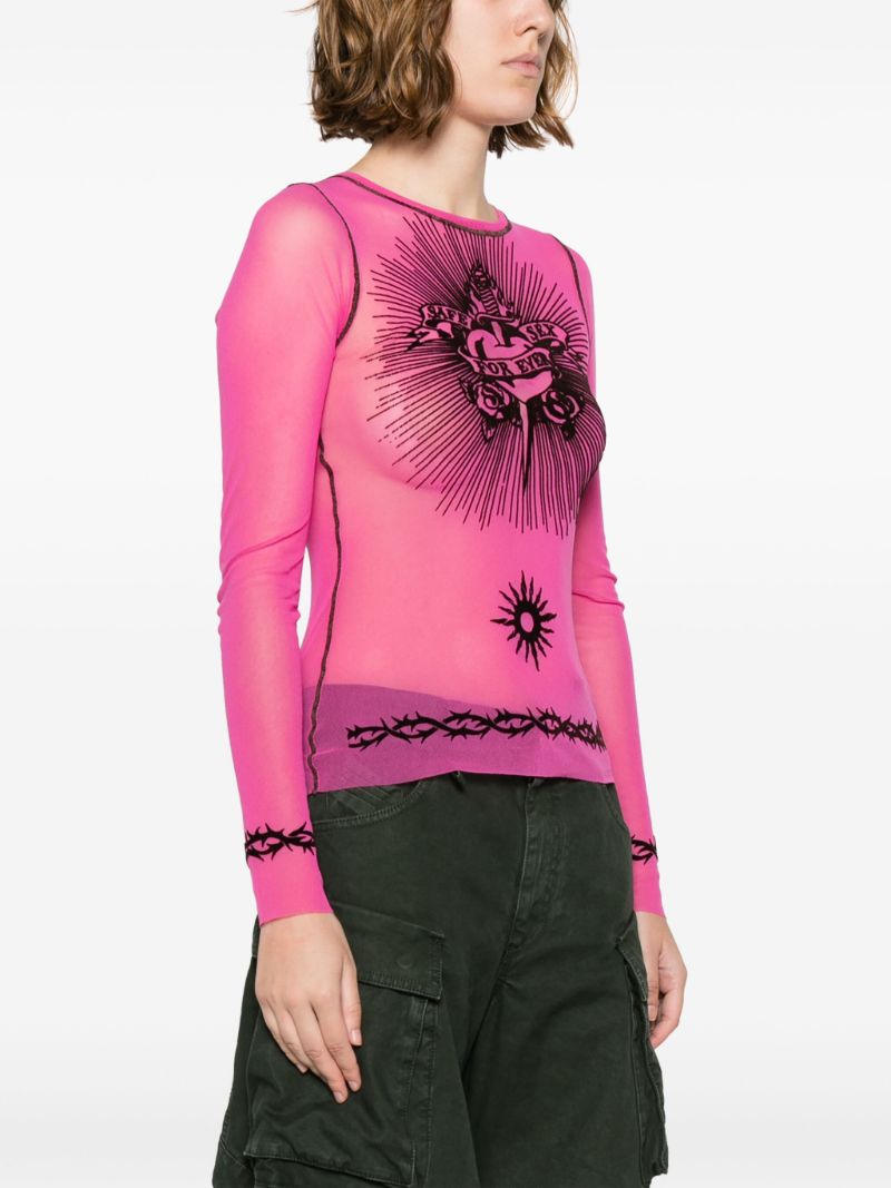Pink Graphic-print Sheer Top