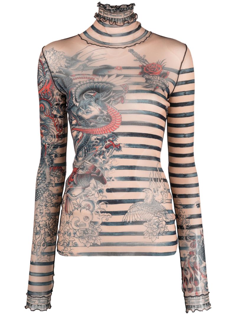 Neutral Tattoo-print Striped Top