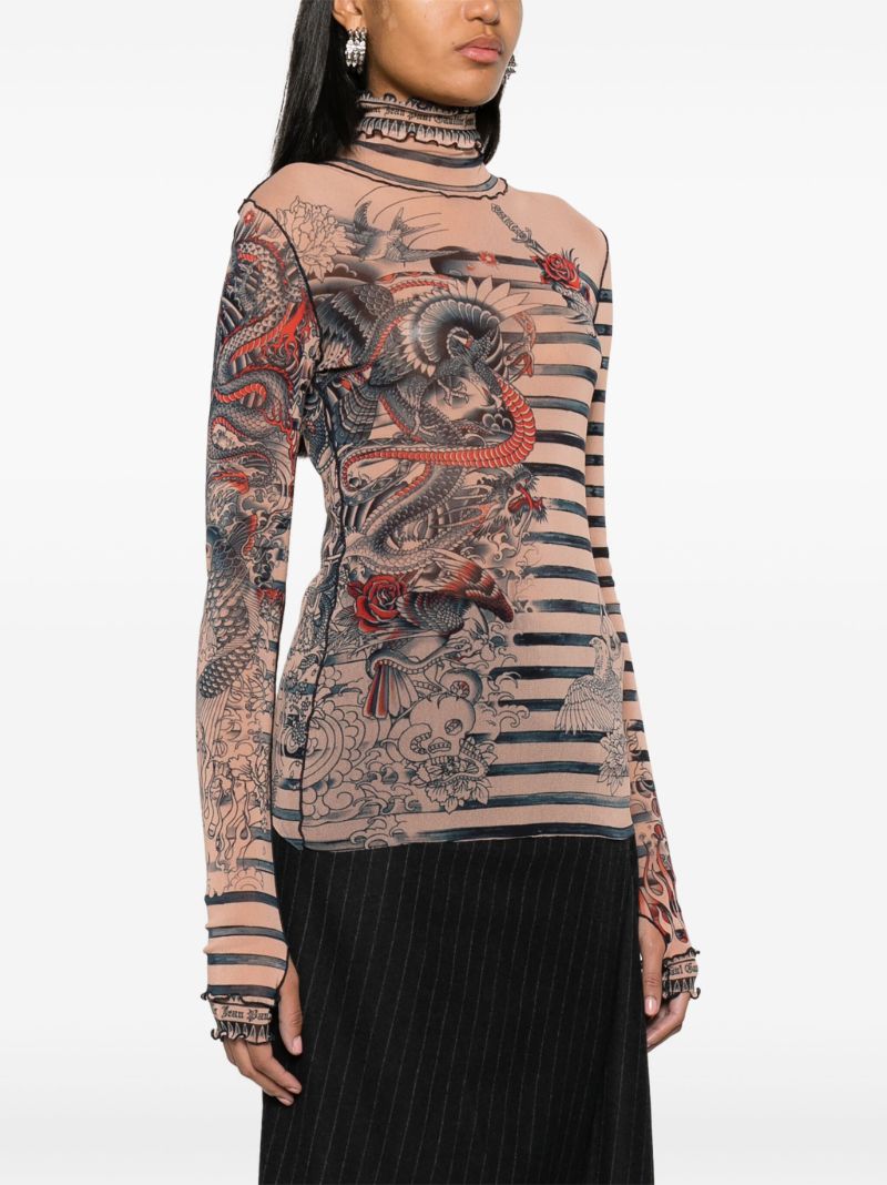 Neutral Tattoo-print Striped Top