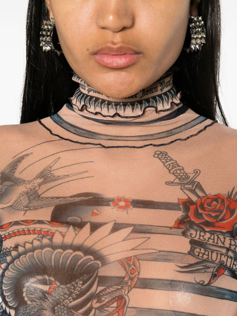 Neutral Tattoo-print Striped Top