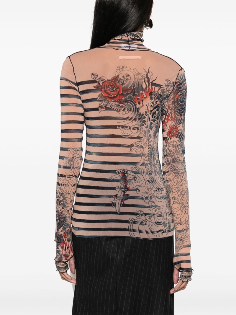 Neutral Tattoo-print Striped Top