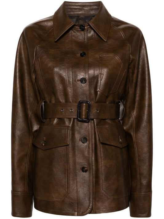 Brown Belted Faux-leather Jacket