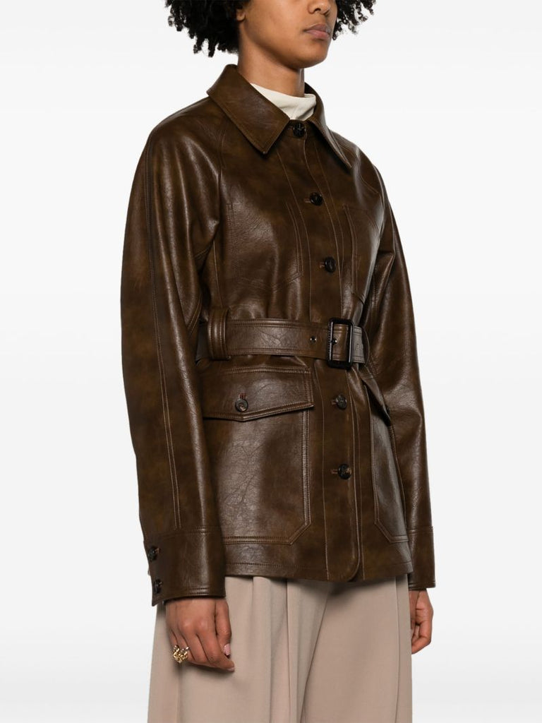 Brown Belted Faux-leather Jacket