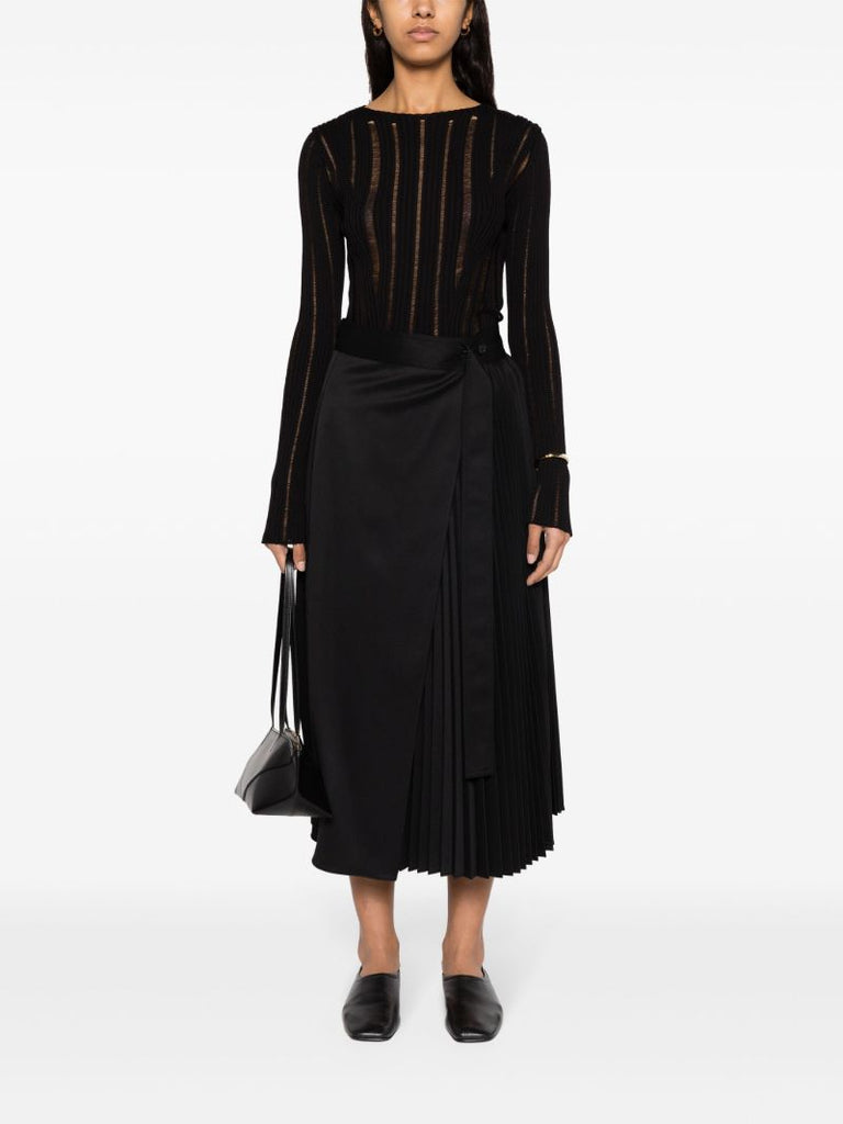Black Pleated Wrap Midi Skirt