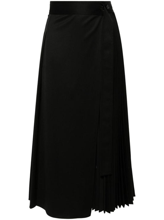 Black Pleated Wrap Midi Skirt