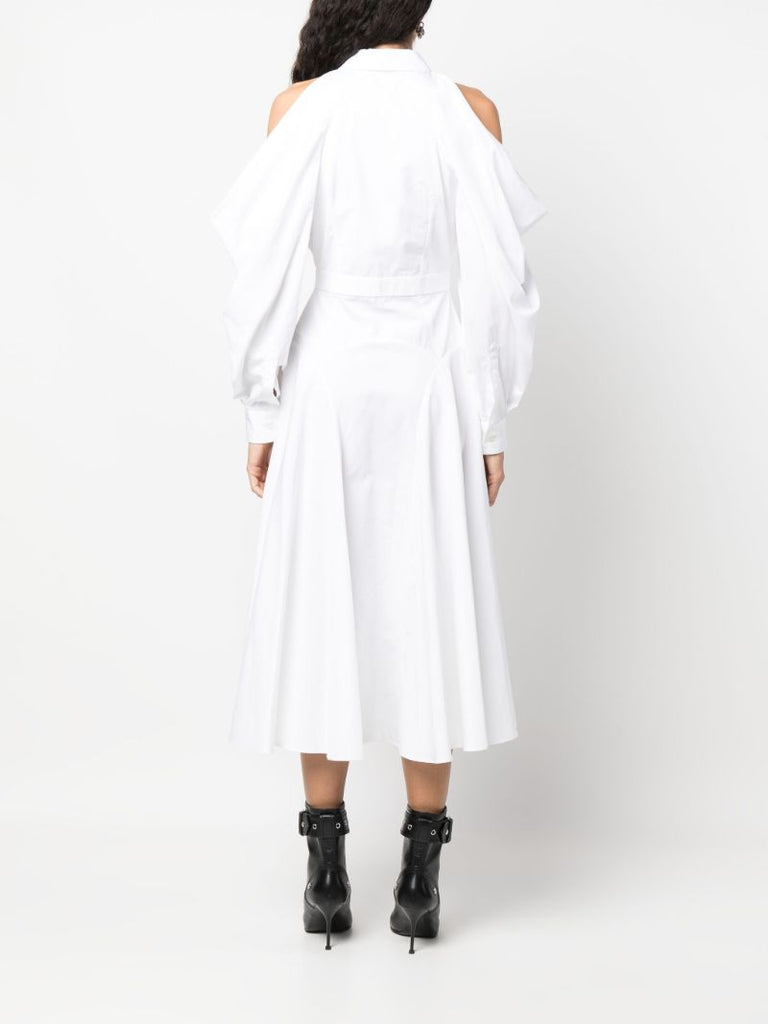 White Cold Shoulder Cotton Shirtdress