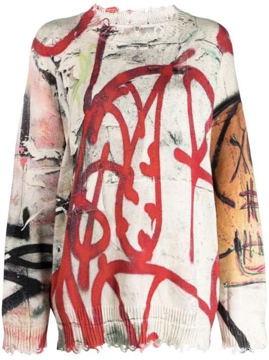 Neutral Graffiti-print Distressed Sweater