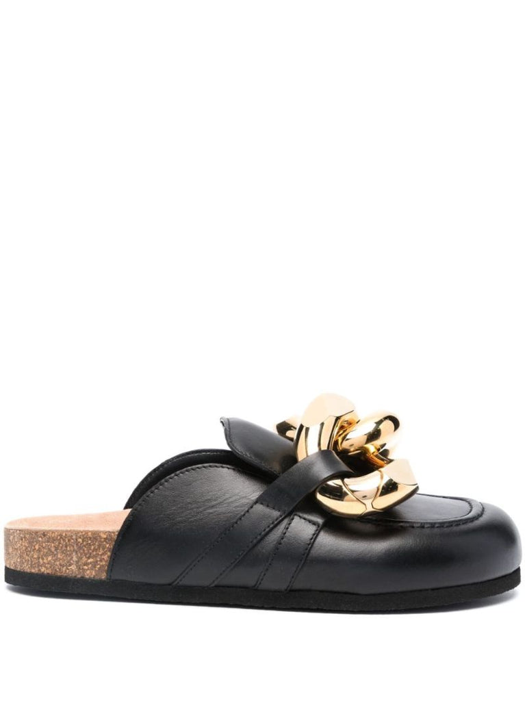 Black Chain Leather Mules
