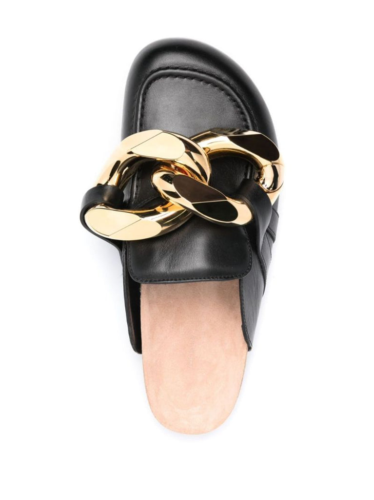 Black Chain Leather Mules
