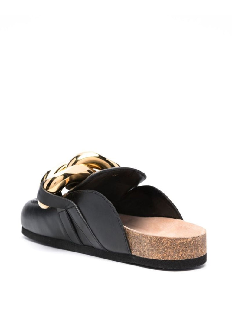 Black Chain Leather Mules