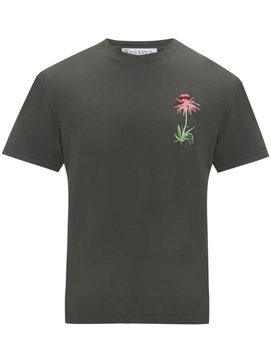 Grey Floral-embroidery Cotton T-shirt