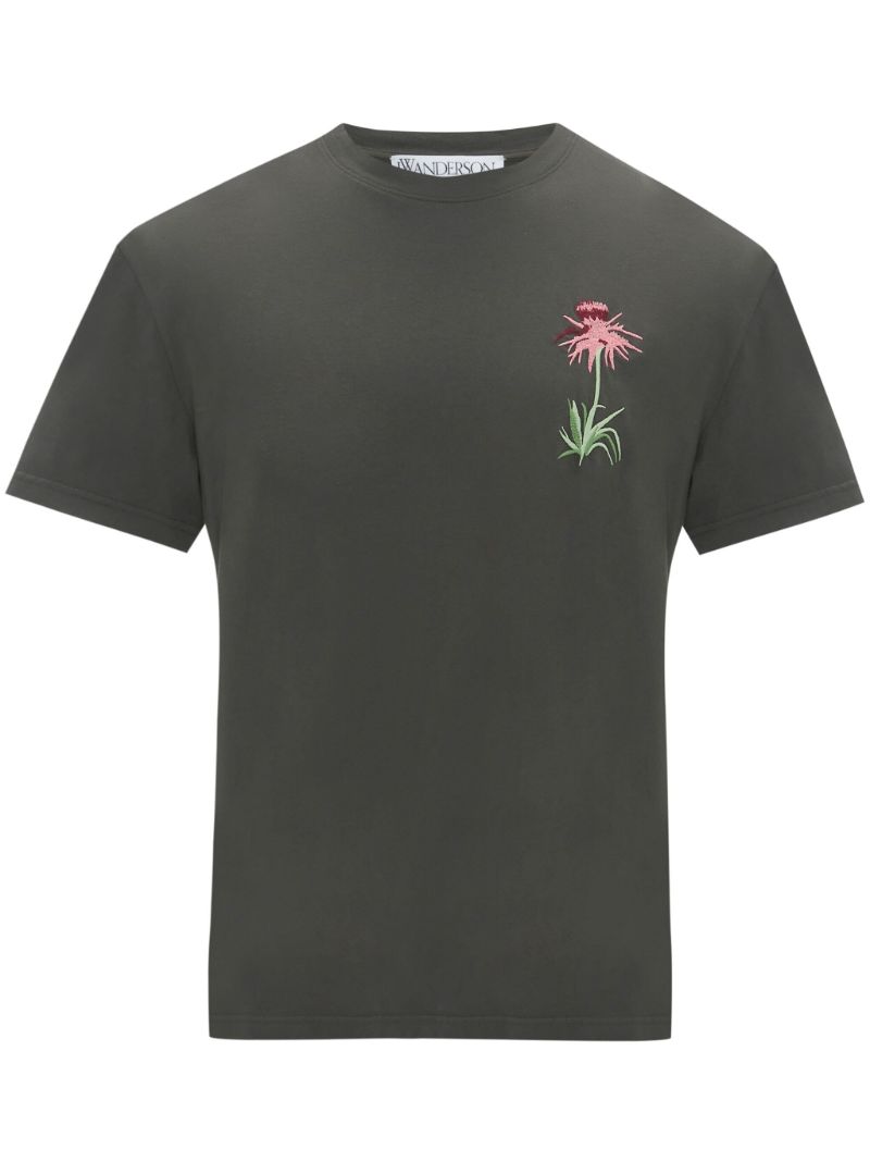 Grey Floral-embroidery Cotton T-shirt