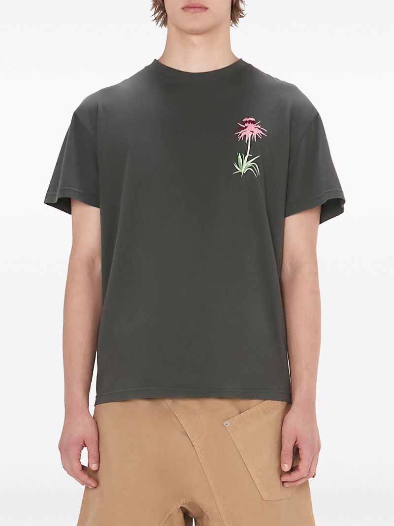 Grey Floral-embroidery Cotton T-shirt