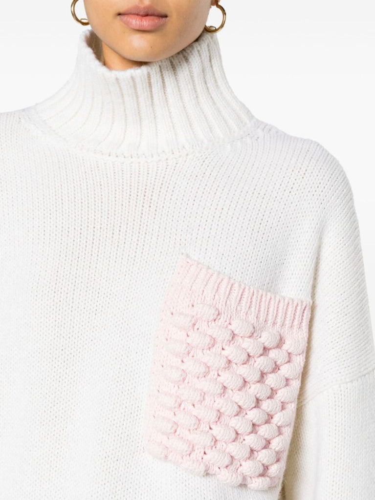 White Crochet-pocket Sweater