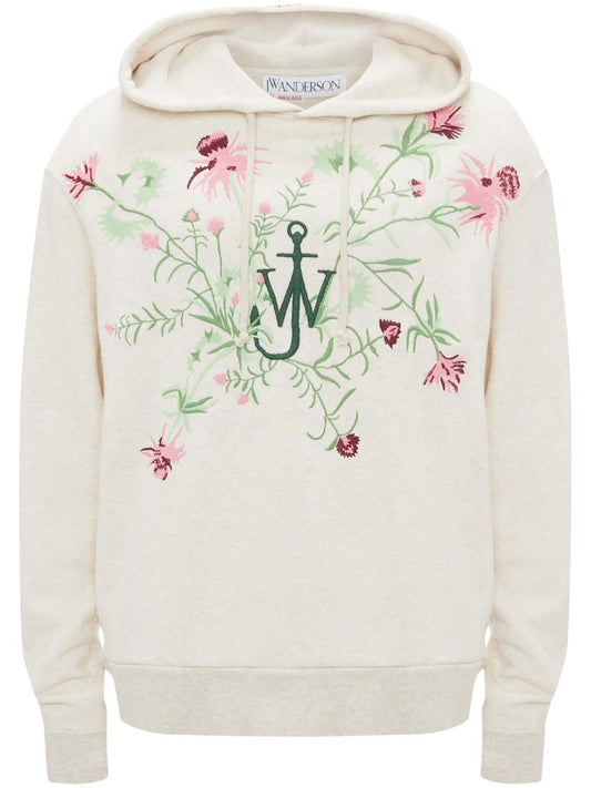 Neutral Floral-embroidered Cotton Hoodie