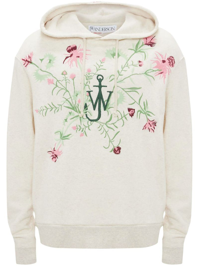 Neutral Floral-embroidered Cotton Hoodie