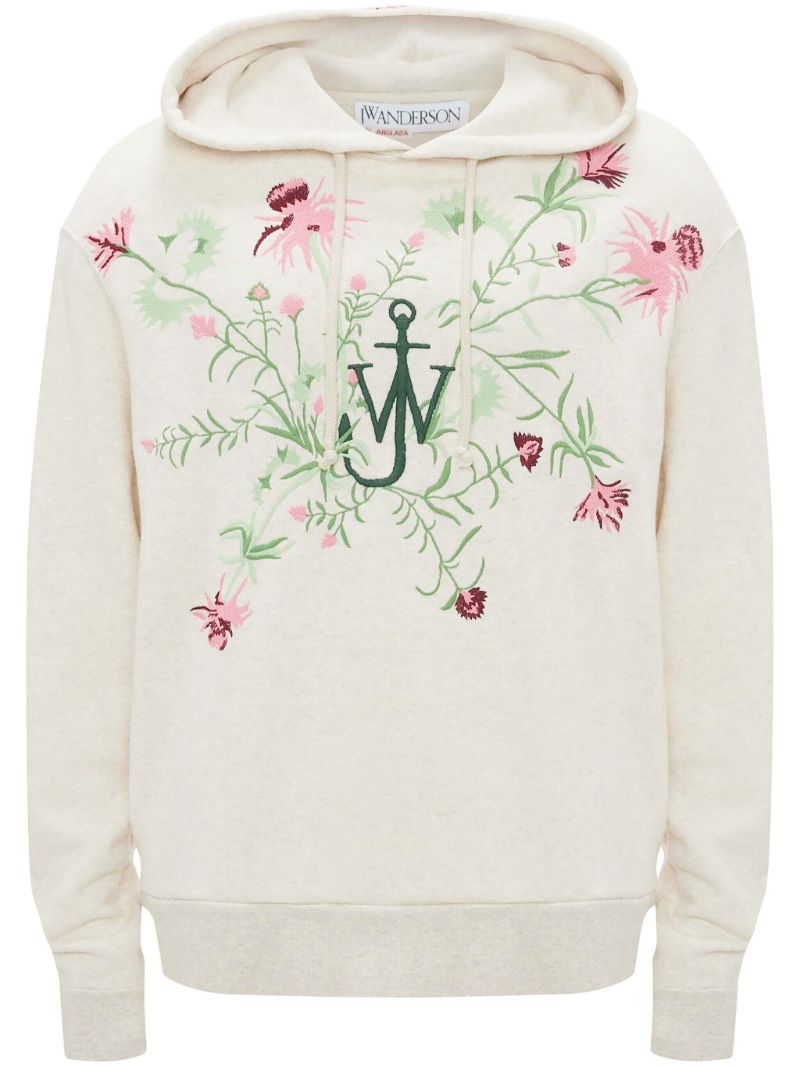Neutral Floral-embroidered Cotton Hoodie
