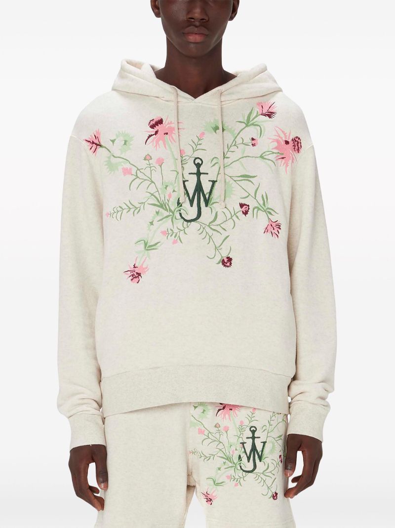 Neutral Floral-embroidered Cotton Hoodie