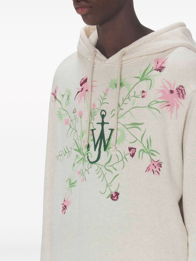 Neutral Floral-embroidered Cotton Hoodie