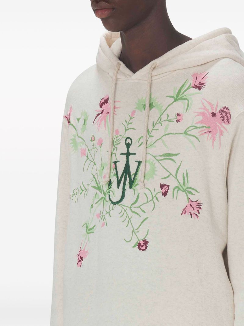Neutral Floral-embroidered Cotton Hoodie