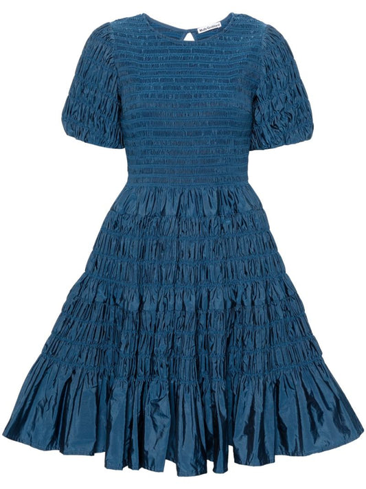 Blue Susanne Shirred Taffeta Dress