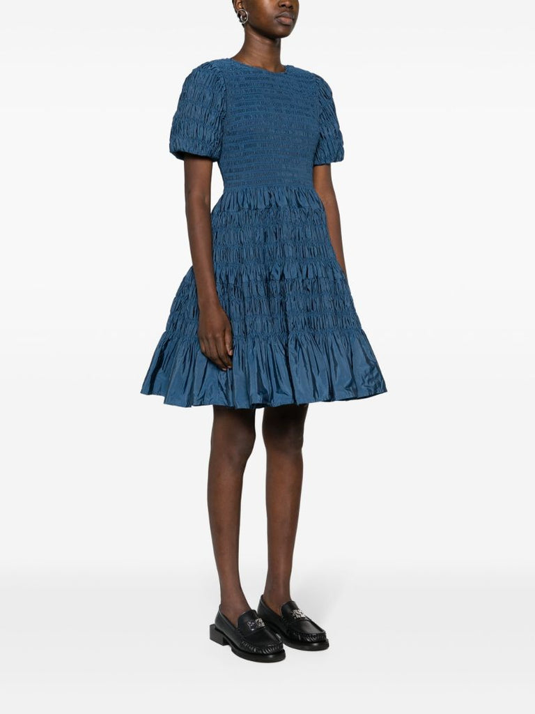 Blue Susanne Shirred Taffeta Dress