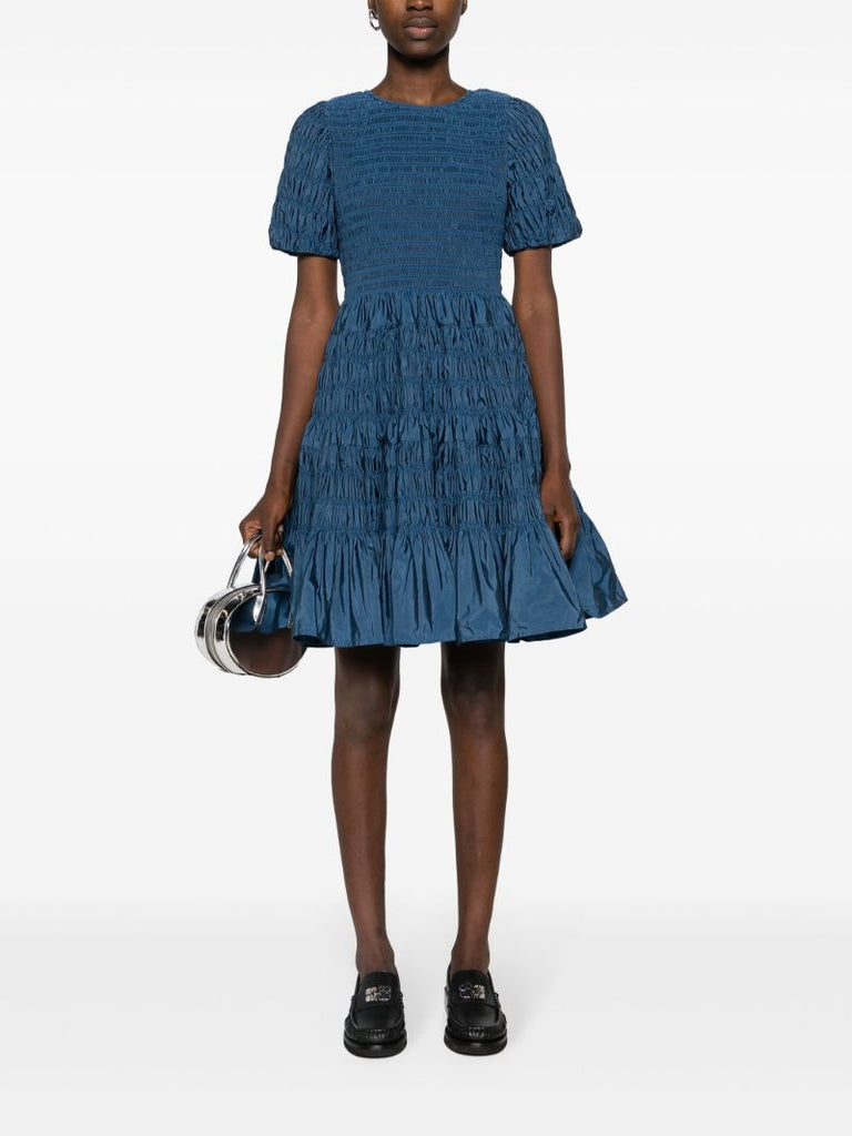 Blue Susanne Shirred Taffeta Dress