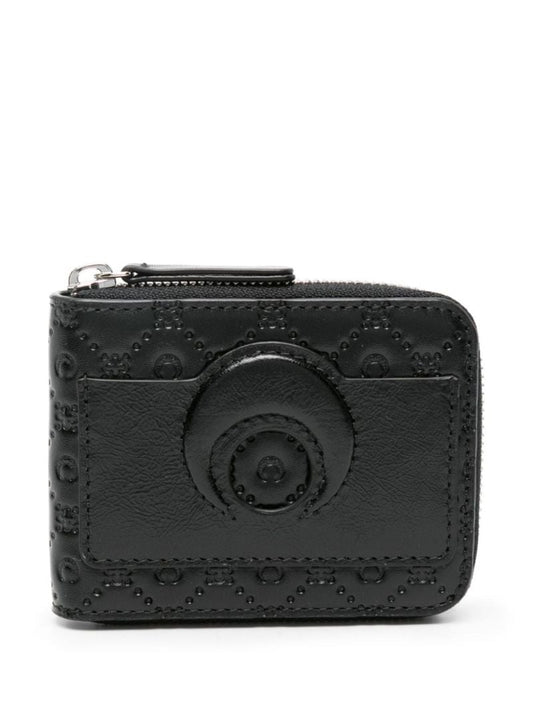 Black Moonogram-stitching Leather Wallet