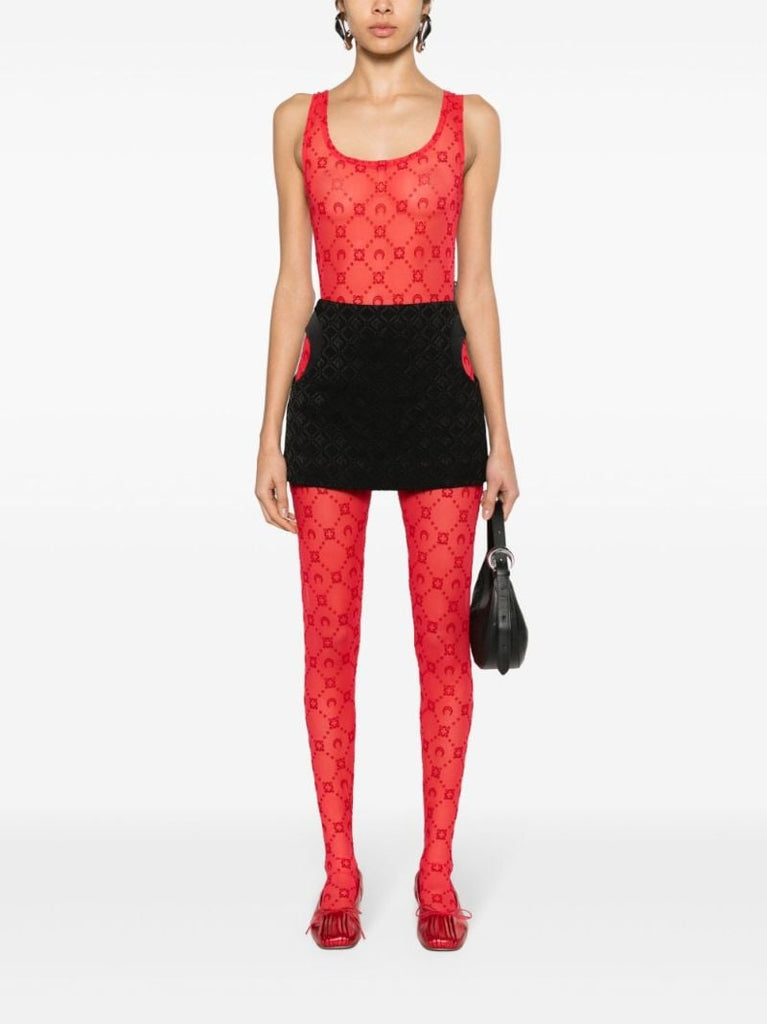 Red Moonogram Flocked Tulle Tights