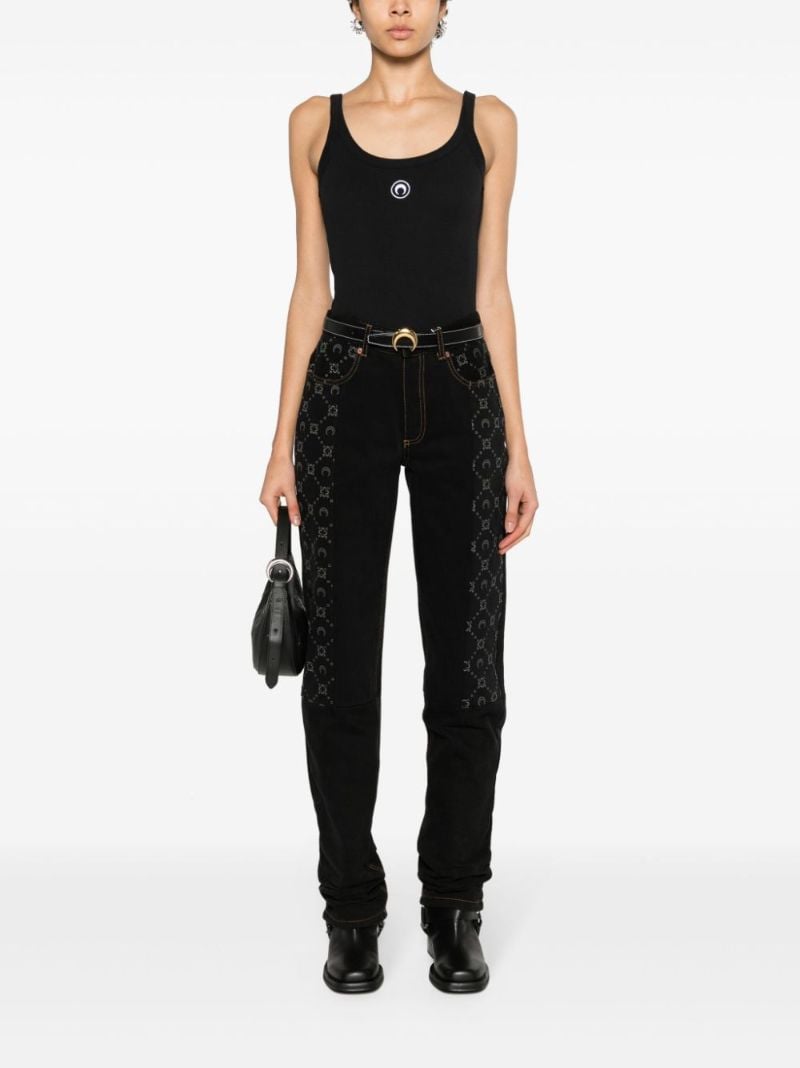 Black Crescent Moon-embroidered Tank Top