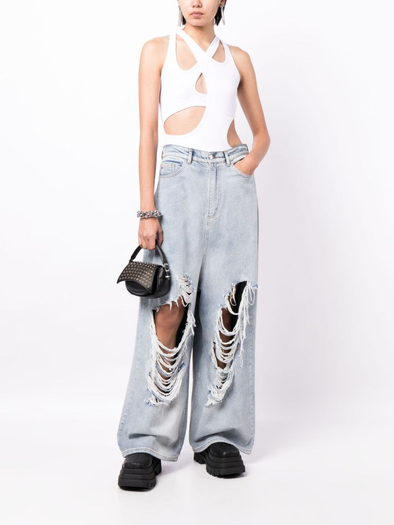 Blue Distressed Wide-leg Jeans