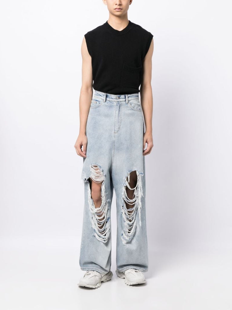 Blue Distressed Wide-leg Jeans