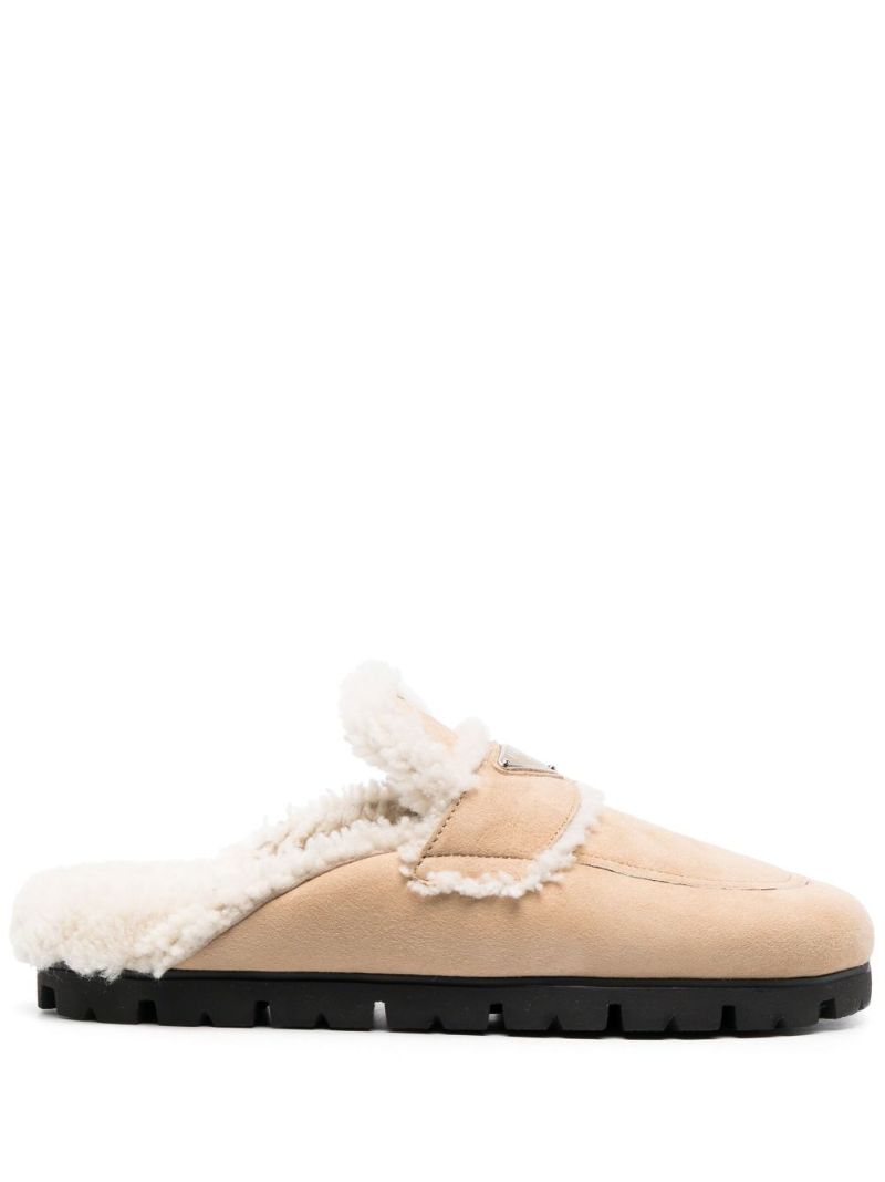 Beige Enamel-triangle Logo Suede Slippers