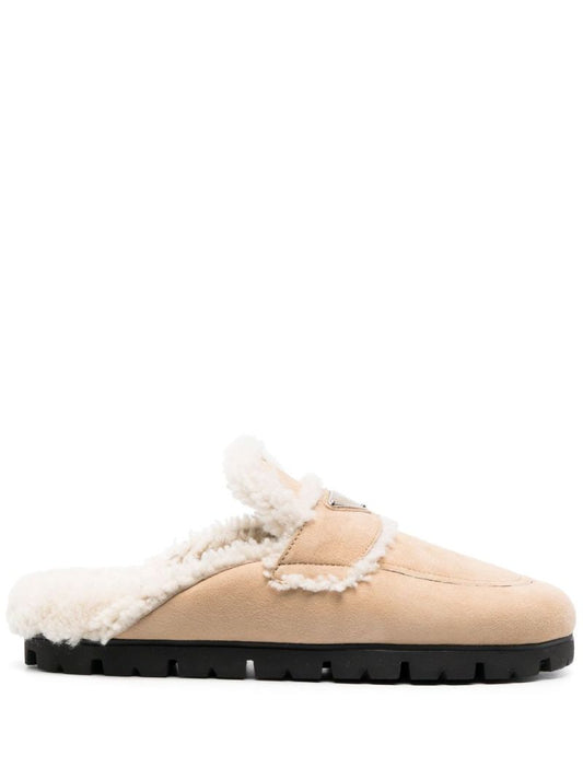 Beige Enamel-triangle Logo Suede Slippers