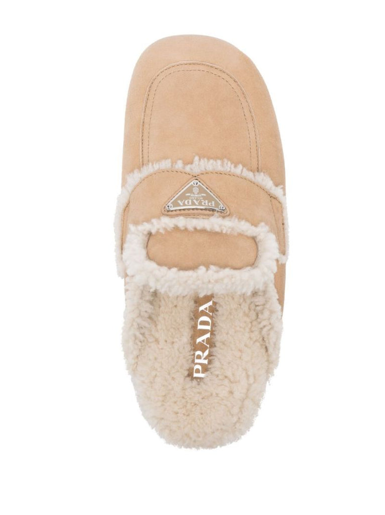 Beige Enamel-triangle Logo Suede Slippers