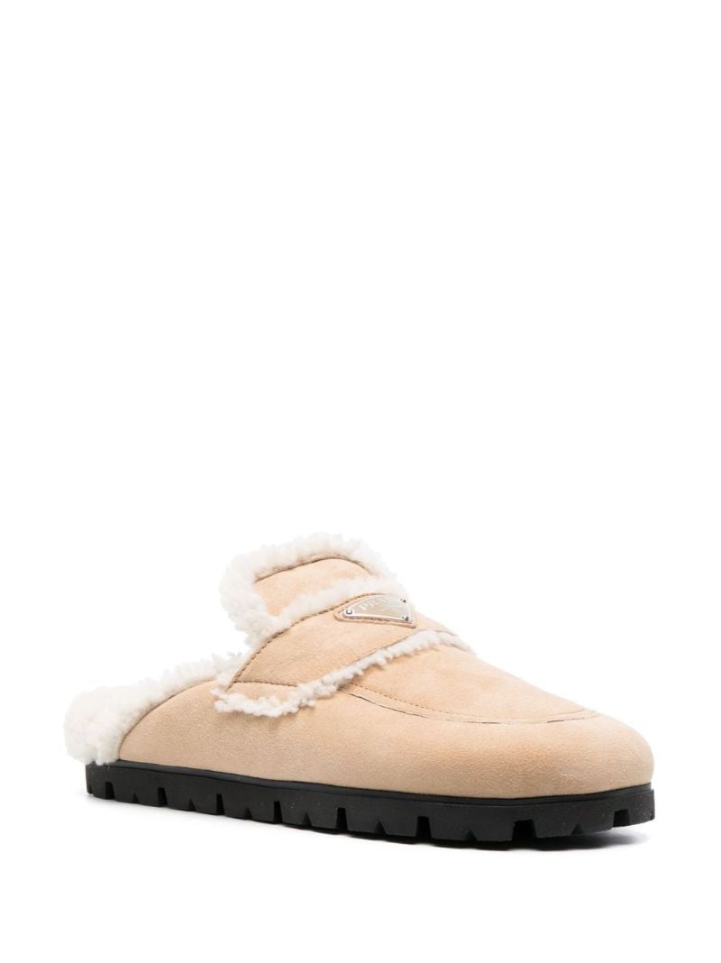 Beige Enamel-triangle Logo Suede Slippers