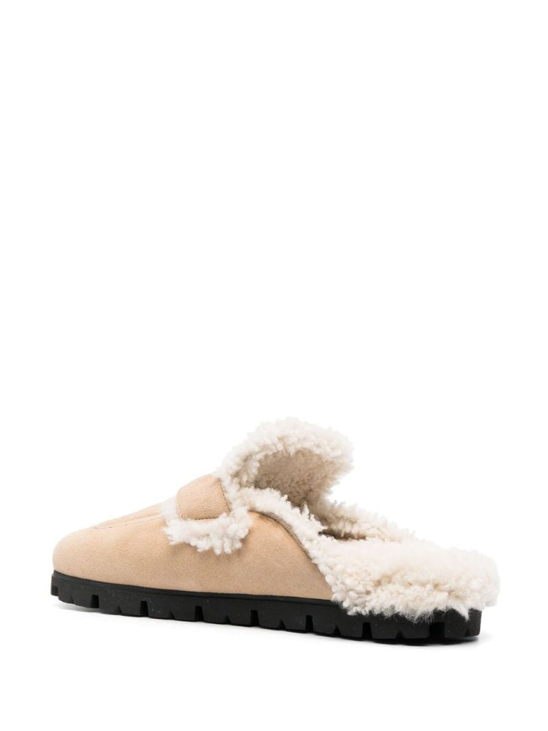 Beige Enamel-triangle Logo Suede Slippers
