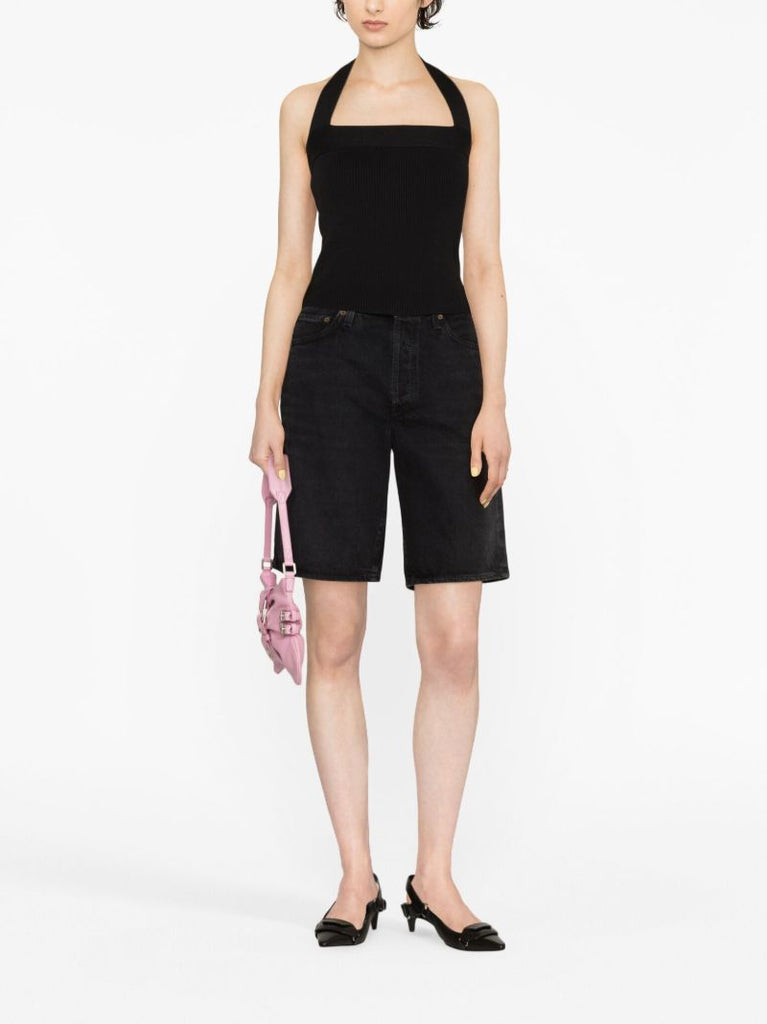 Black Galina Ribbed-knit Halterneck Top