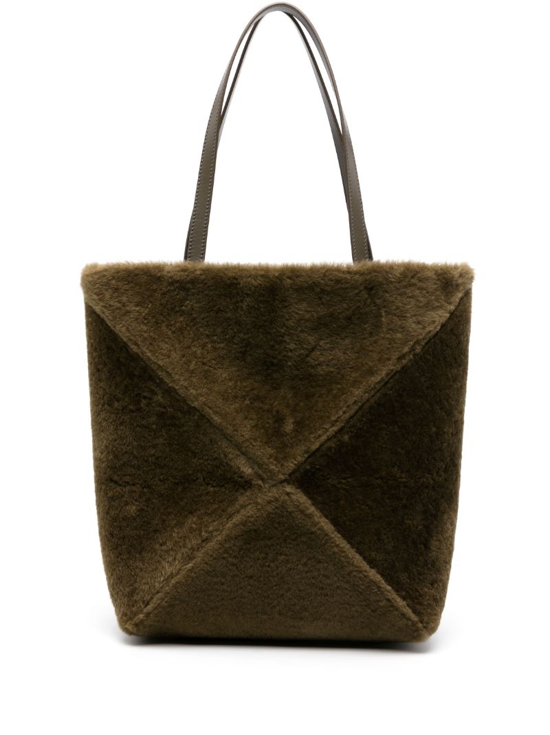 Green Puzzle Fold Shearling Tote Bag
