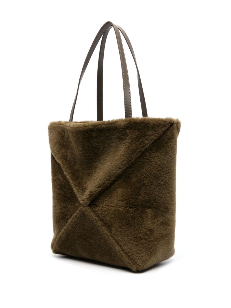 Green Puzzle Fold Shearling Tote Bag