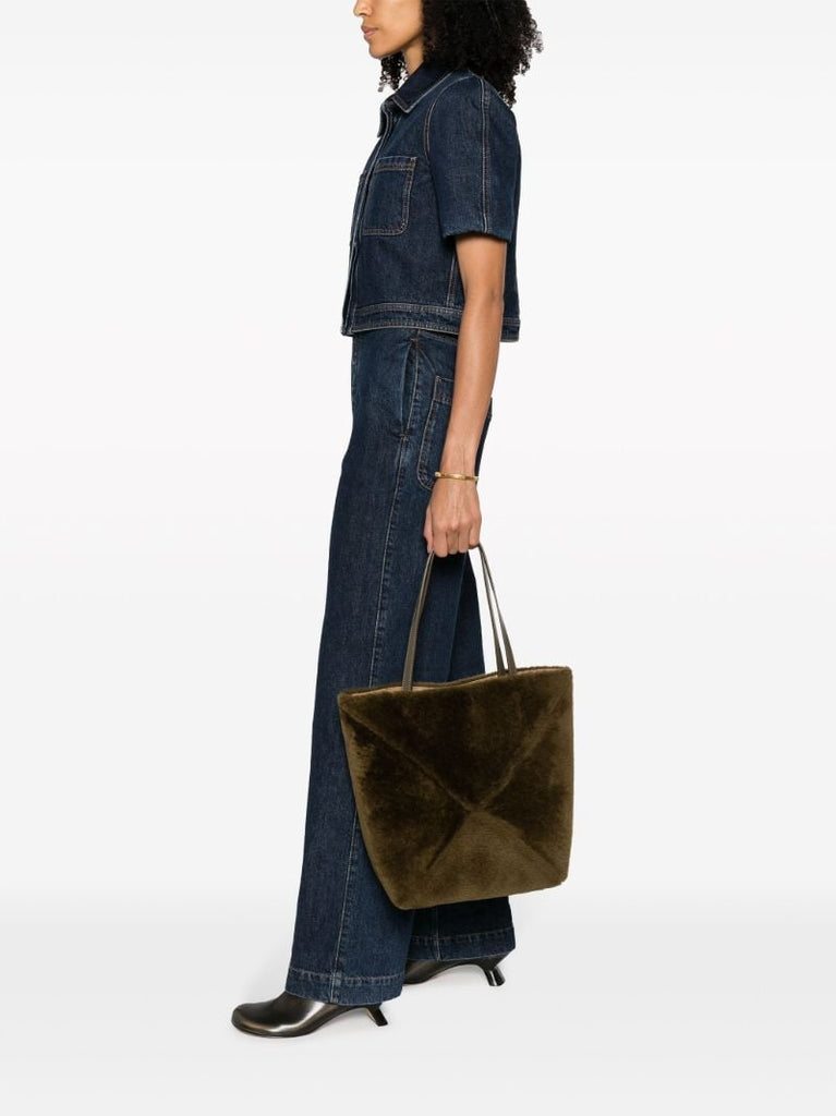 Green Puzzle Fold Shearling Tote Bag