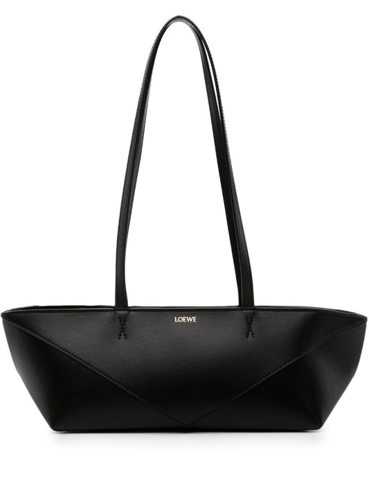 Black Cropped Puzzle Fold Leather Shoulder Bag