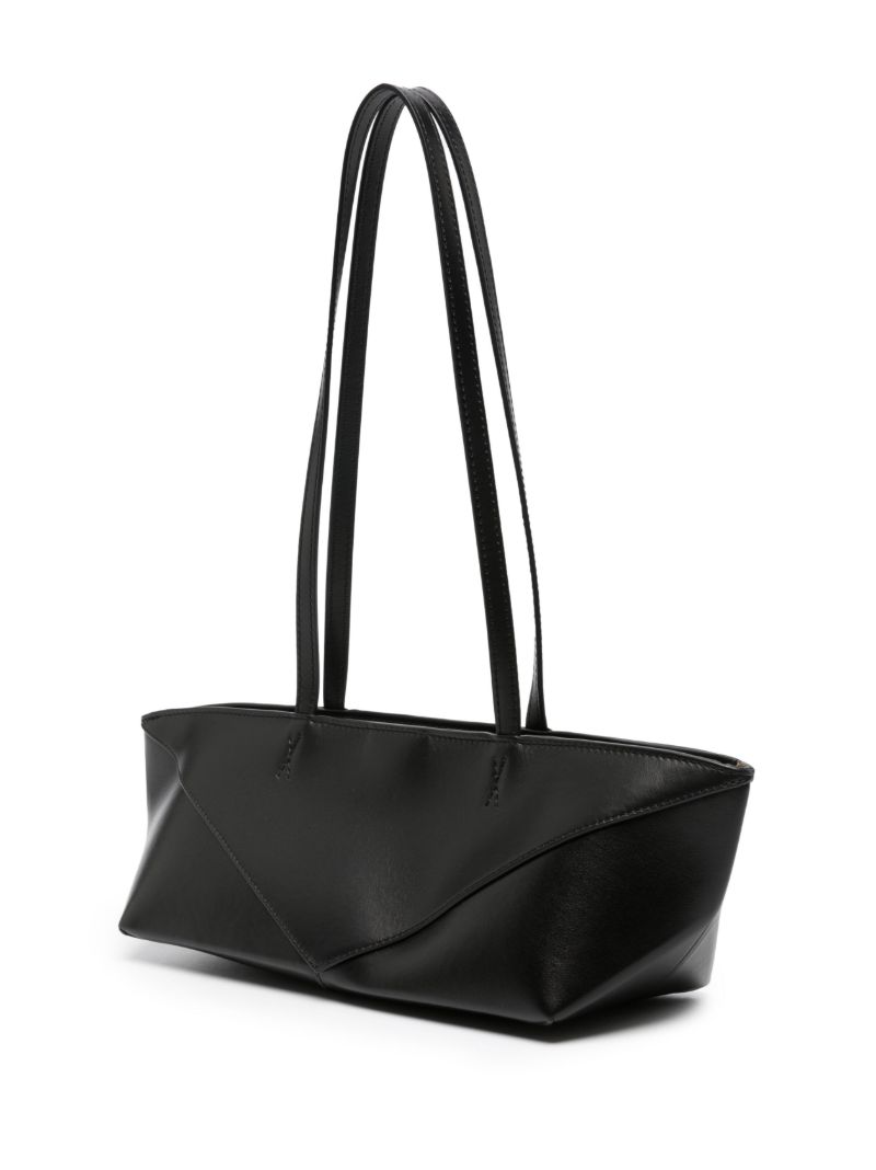 Black Cropped Puzzle Fold Leather Shoulder Bag