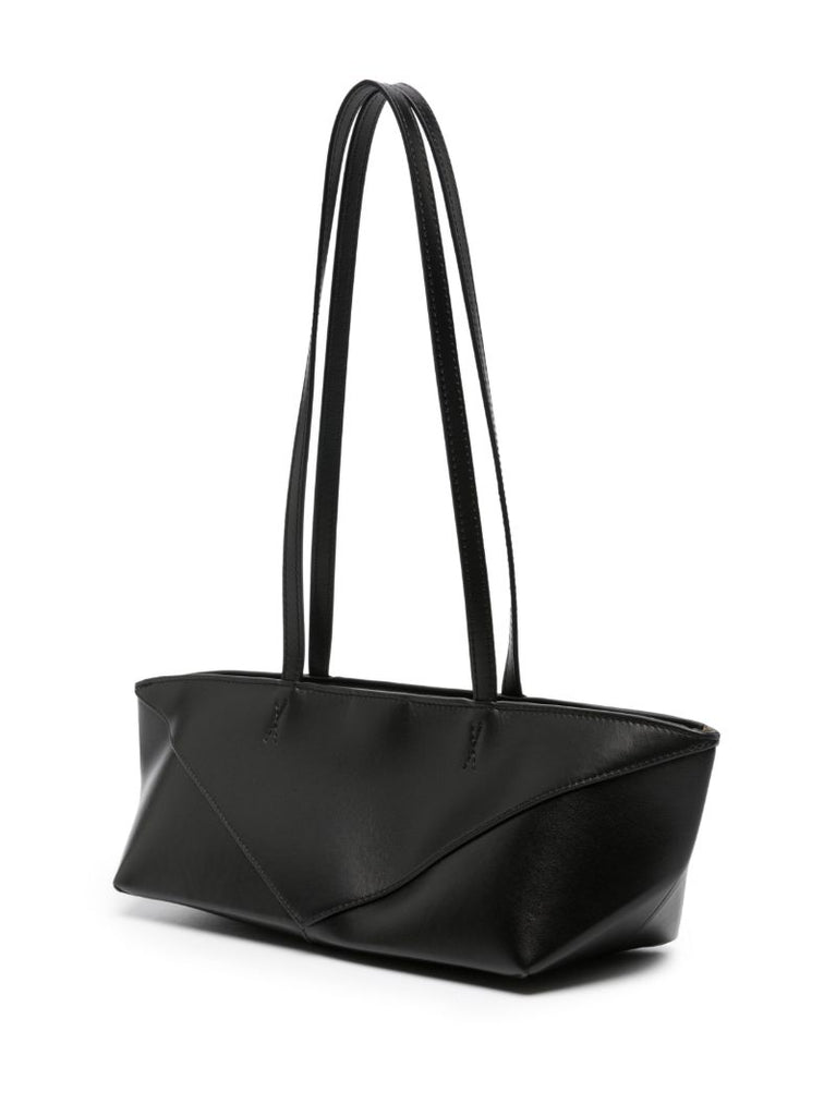 Black Cropped Puzzle Fold Leather Shoulder Bag
