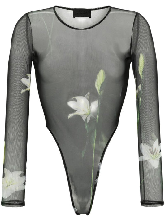 Black Lilies-print Bodysuit