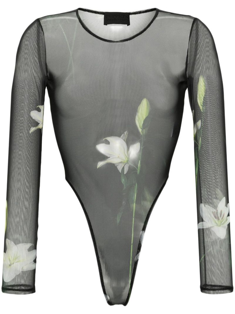 Black Lilies-print Bodysuit