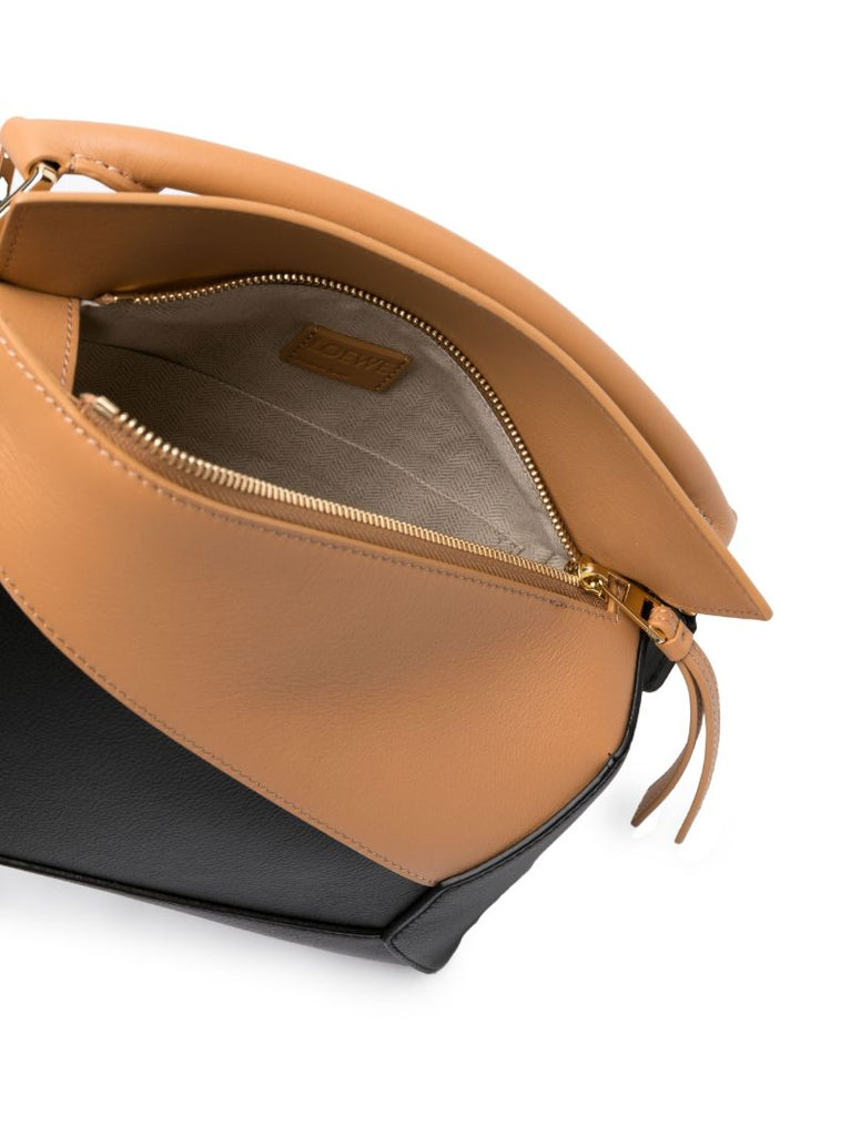 Brown Puzzle Edge Small Leather Top Handle Bag